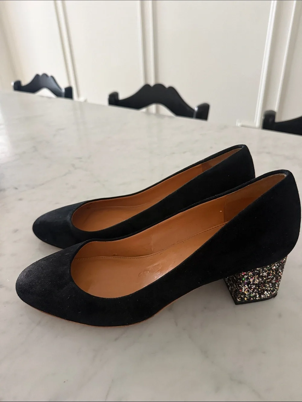 J.Crew Bryn Black Suede Glitter Block Heel Pumps | Size 10
